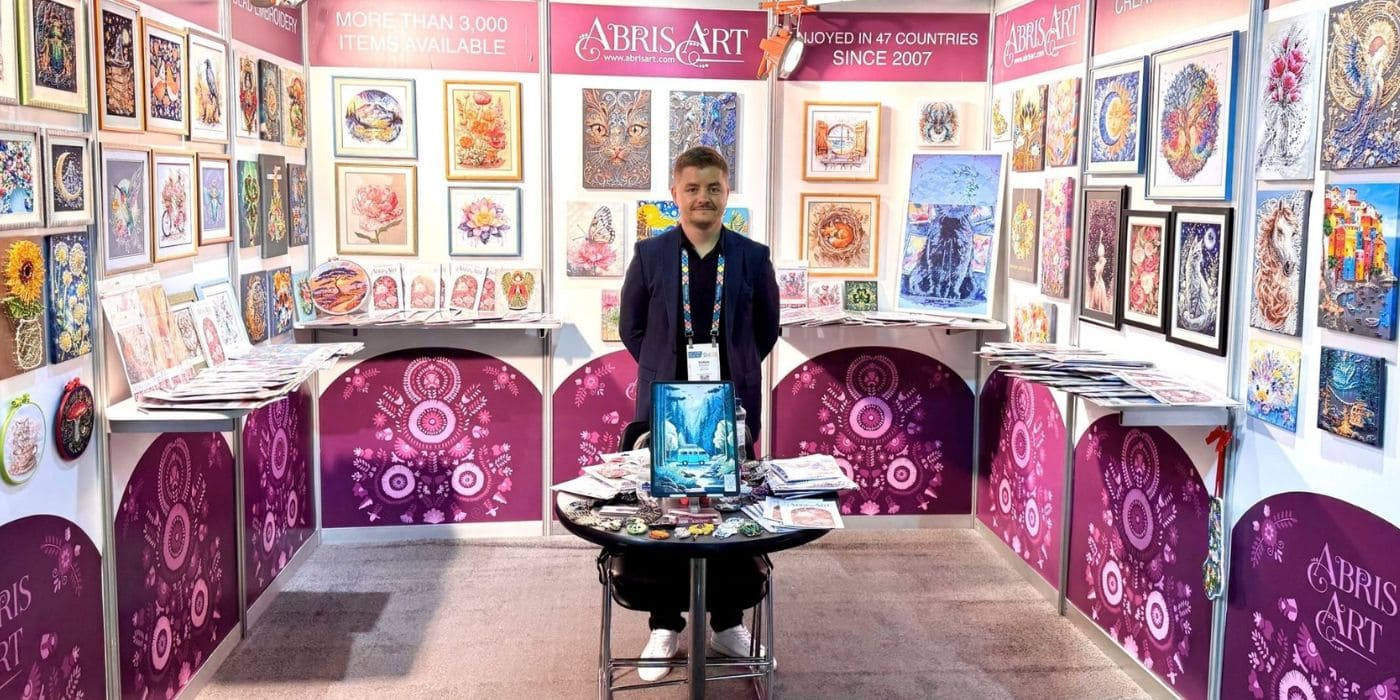 Abris Art exhibition stand showing over 3,000 embroidery kits sold in 47 countries
